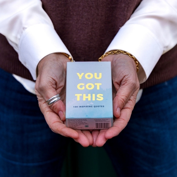 you-got-this Samantha holding a pack of inspiring cards in the palm of her hands. The box reads, "You Got This"
These are used during her Infertility Support programme