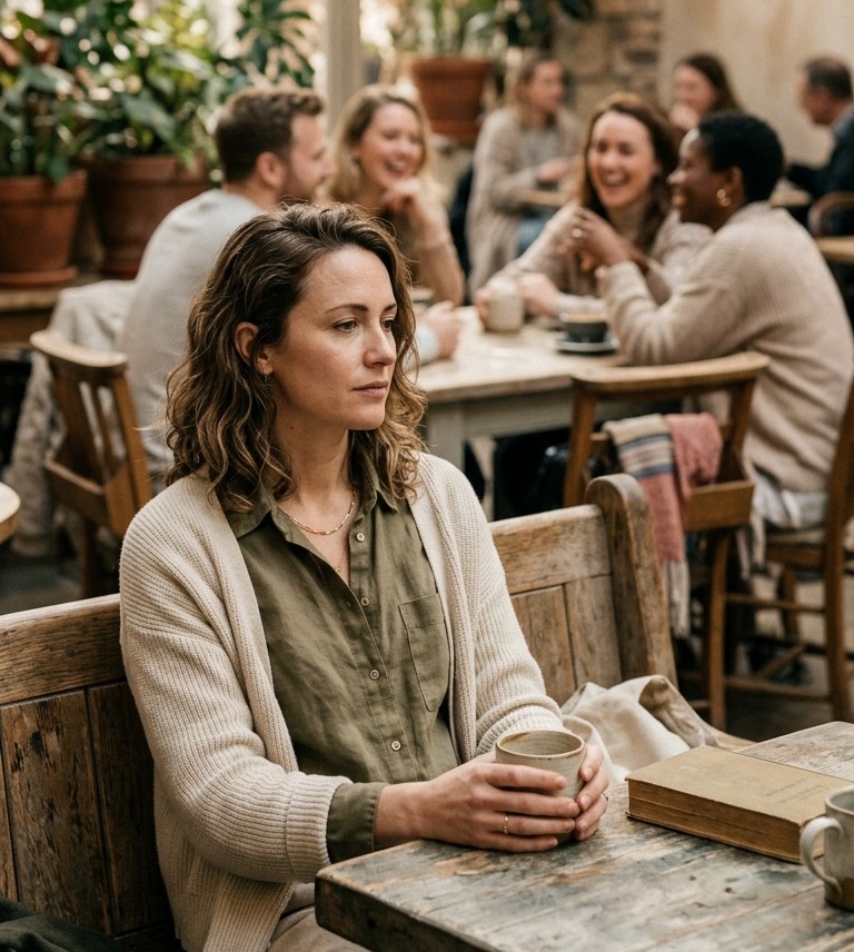 Woman experiencing infertility loneliness while surrounded by friends